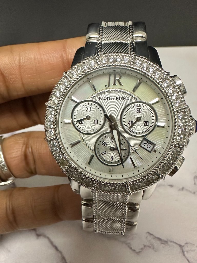 Judith Ripka Chronograph Womens Watch Silver Tone Mother Of Pearl Dial Working